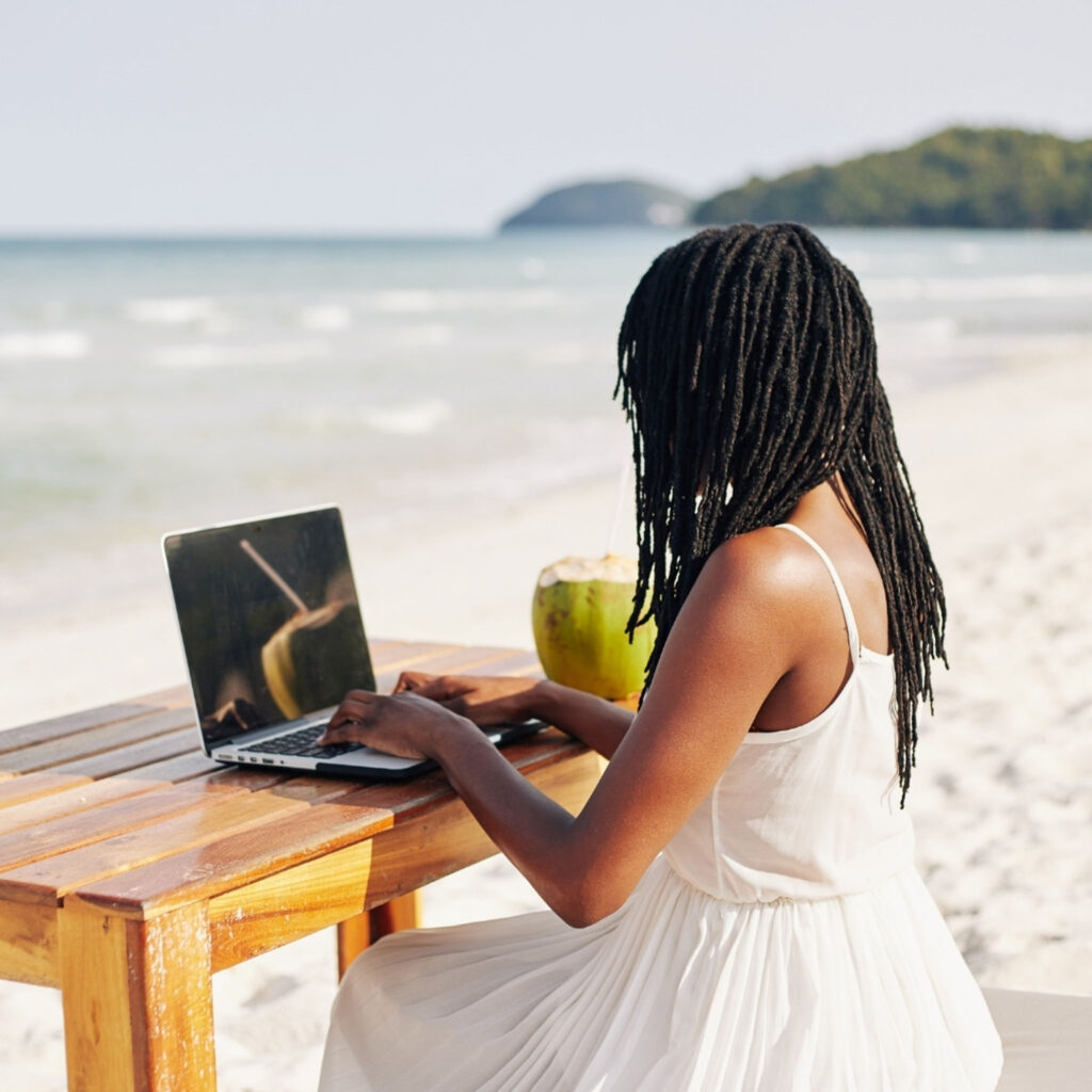 Maven's work from anywhere even on a white sandy beach